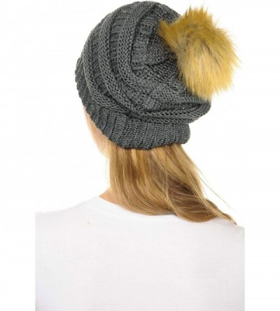 Skullies & Beanies Hat-43 Thick Warm Cap Hat Skully Faux Fur Pom Pom Cable Knit Beanie - Metallic Dark Melange - C318X8X7TGL ...