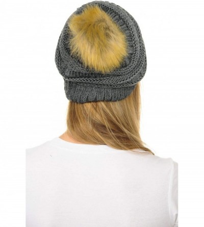 Skullies & Beanies Hat-43 Thick Warm Cap Hat Skully Faux Fur Pom Pom Cable Knit Beanie - Metallic Dark Melange - C318X8X7TGL ...