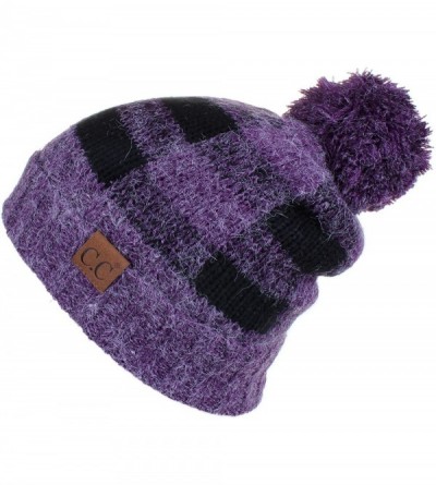 Skullies & Beanies Hatsandscarf Exclusives Buffalo Check Pattern Fuzzy Lined Knit Pom Beanie Hat (HAT-55) - Purple/Black - C2...