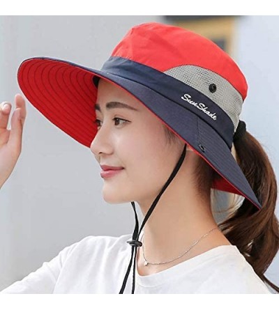 Sun Hats Women's Ponytail Safari Sun Hat Wide Brim UV Protection Foldable Outdoor Cap - Red - CI18U7DOZN7 $12.34