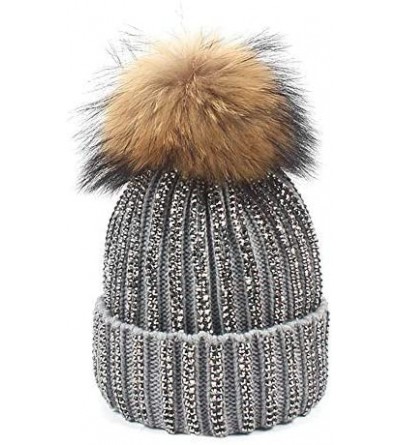 Skullies & Beanies Women Rhinestone Beanie Skull Hats Warm Knitting Hat Real Raccoon Fur Pompom Bobble Caps - Gray(brown Bobb...