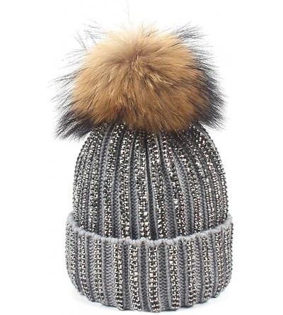Skullies & Beanies Women Rhinestone Beanie Skull Hats Warm Knitting Hat Real Raccoon Fur Pompom Bobble Caps - Gray(brown Bobb...