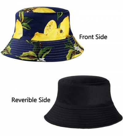 Bucket Hats Cute Bucket Hat Unisex Fruit Print Reversible Packable Cap Summer Fisherman Sun Hat - Lemon - Dark Blue - CH196IZ...