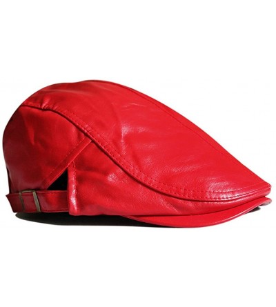 Newsboy Caps Men Women Retro Plain Color PU Synthetic Leather Flat Cap FFH129BLK - Red - CL11K0F32TX $26.36