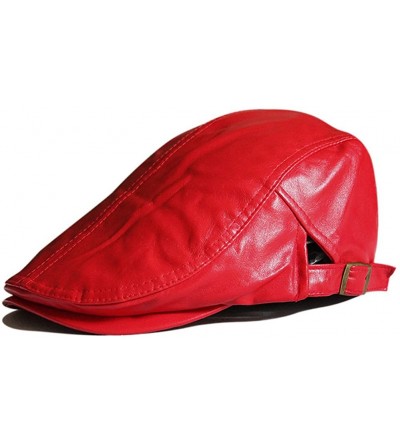 Newsboy Caps Men Women Retro Plain Color PU Synthetic Leather Flat Cap FFH129BLK - Red - CL11K0F32TX $26.36