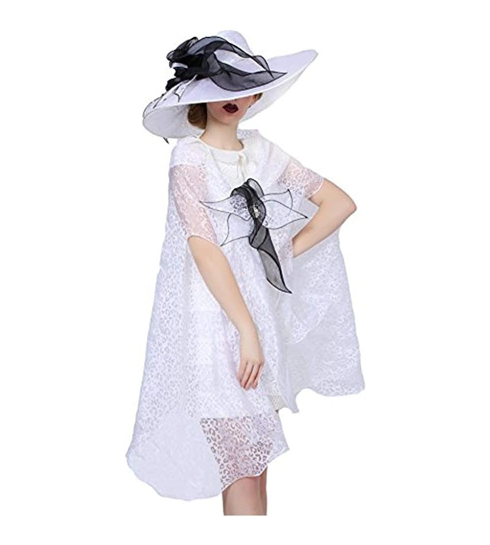 Sun Hats Women Hats Summer Big Hat Wide Brim Top Flower White Black - White Hat With Shawl - CP182LTEWRQ $46.18