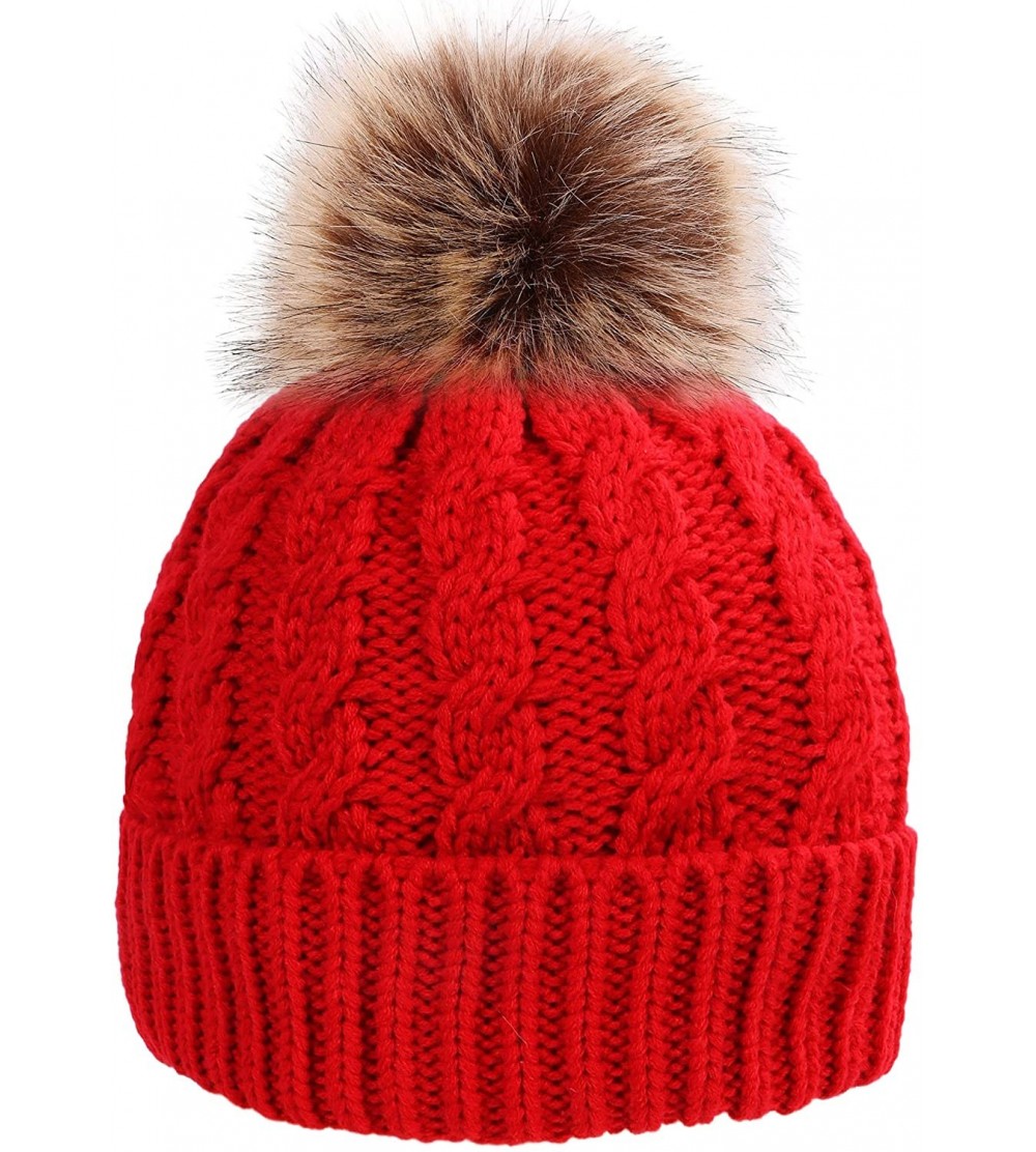 Skullies & Beanies Womens Winter Hand Knit Faux Fur Pompoms Beanie Hat - Single-red - CS12BYRSI5D $18.04