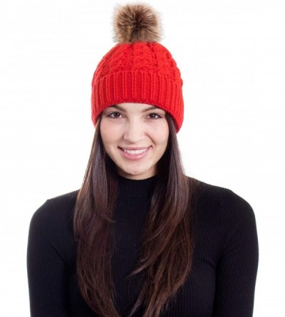 Skullies & Beanies Womens Winter Hand Knit Faux Fur Pompoms Beanie Hat - Single-red - CS12BYRSI5D $18.04