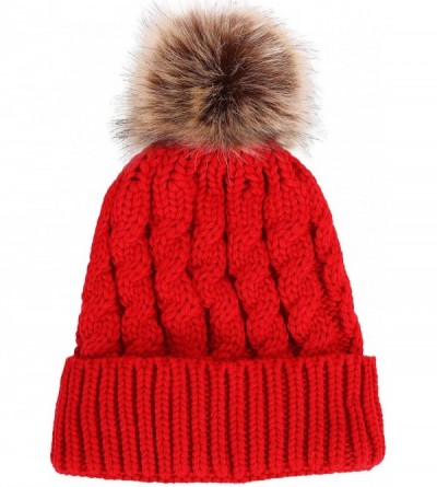 Skullies & Beanies Womens Winter Hand Knit Faux Fur Pompoms Beanie Hat - Single-red - CS12BYRSI5D $18.04