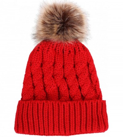 Skullies & Beanies Womens Winter Hand Knit Faux Fur Pompoms Beanie Hat - Single-red - CS12BYRSI5D $18.04