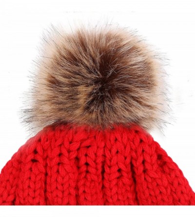 Skullies & Beanies Womens Winter Hand Knit Faux Fur Pompoms Beanie Hat - Single-red - CS12BYRSI5D $18.04