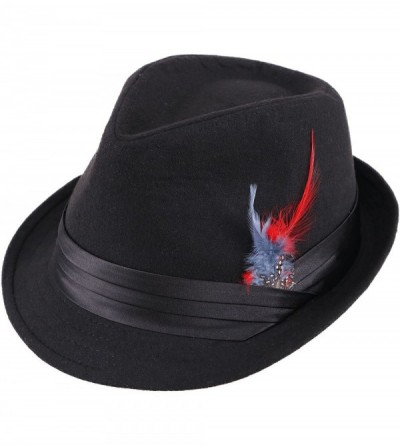 Fedoras Men Women's Classic Manhattan Trilby Short Brim Fedora Hat - Black/Red Fur1 - CY18GQIHTIZ $12.51