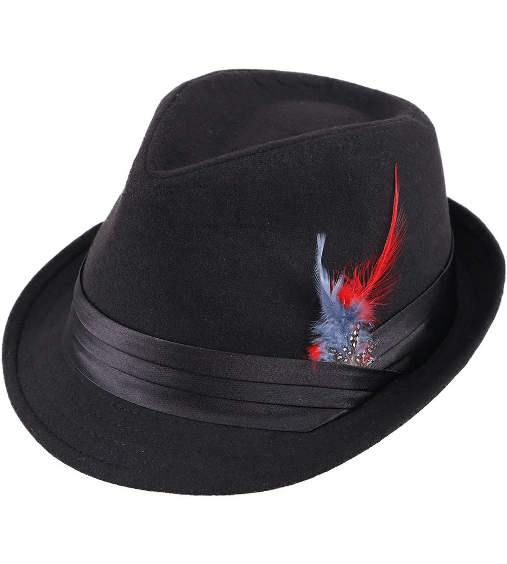 Fedoras Men Women's Classic Manhattan Trilby Short Brim Fedora Hat - Black/Red Fur1 - CY18GQIHTIZ $27.89
