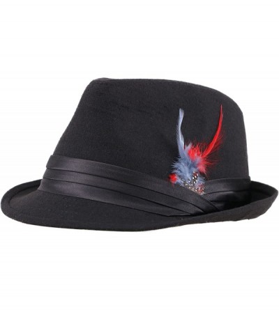 Fedoras Men Women's Classic Manhattan Trilby Short Brim Fedora Hat - Black/Red Fur1 - CY18GQIHTIZ $12.51