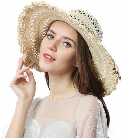 Sun Hats Women Summer Packable Travel Beach Straw Hat - Hollow Woven Floppy Wide Brim Sun Cap - Off-wihte - C212IXXL5SN $23.45