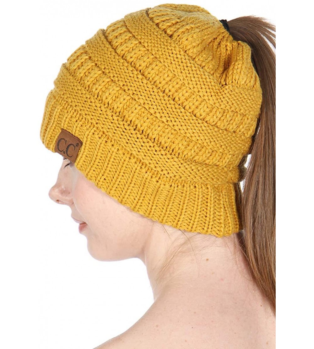 Skullies & Beanies Beanie Ponytail Beanie Messy bun Beanie Soft Warm Cable Winter Chunky Skull Cap - Solid Mustard - CX188OO5...