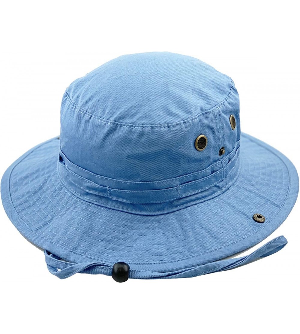 Bucket Hats Unisex Washed Cotton Bucket Hat Summer Outdoor Cap - (2. Boonie With Chin Strap) Sky Blue - CD11M3OIJS3 $10.21