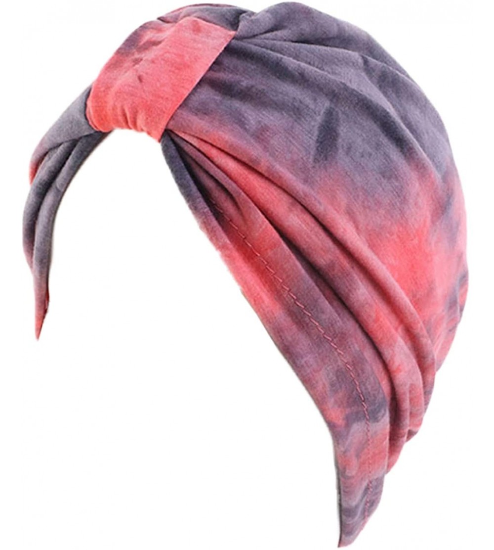 Sun Hats Shiny Turban Hat Headwraps Twist Pleated Hair Wrap Stretch Turban - Tie Dye Pink - CV199IHU6ML $7.70