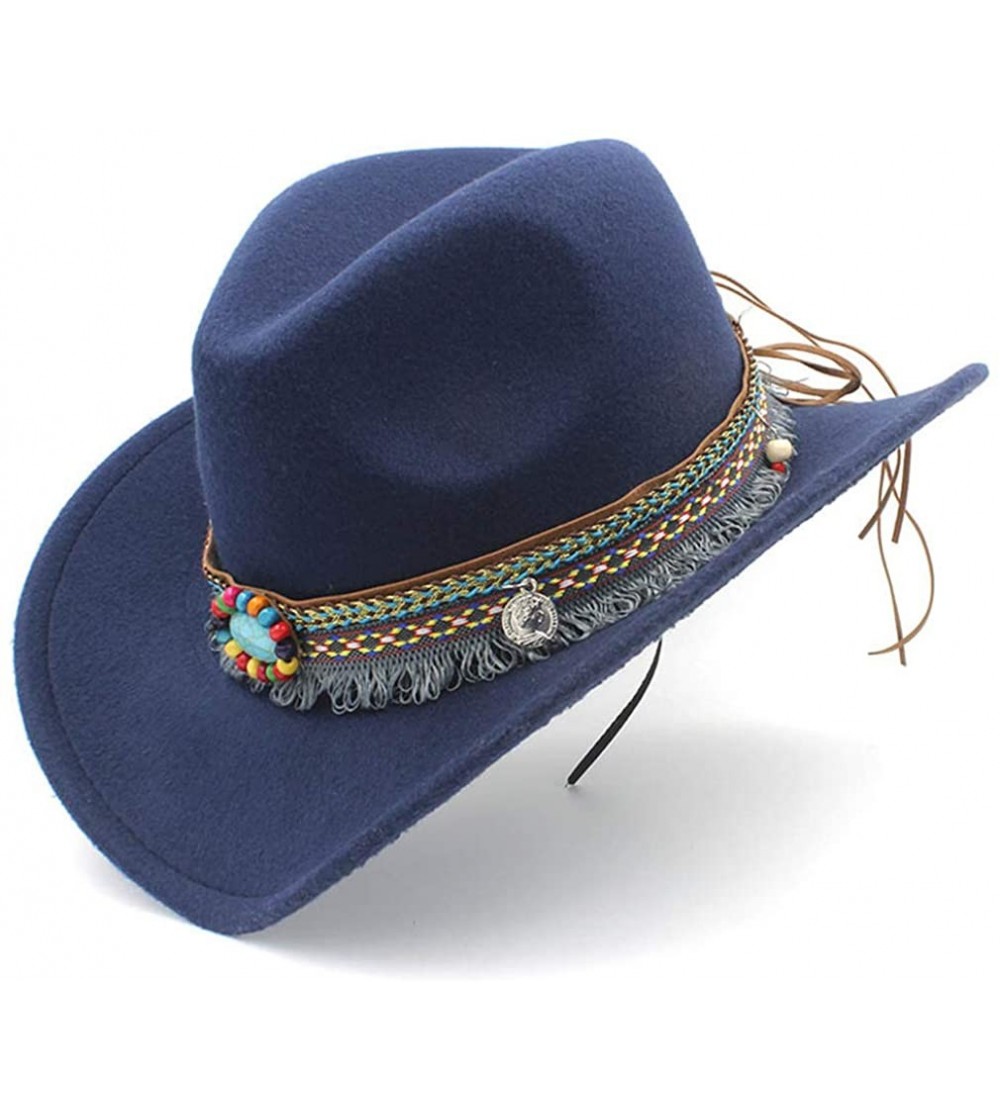 Cowboy Hats Women Men Wool Blend Western Cowboy Hat Cowgirl Caps Bohemia Tassel Ribbon - Navy Blue - C418IIRMAES $12.05