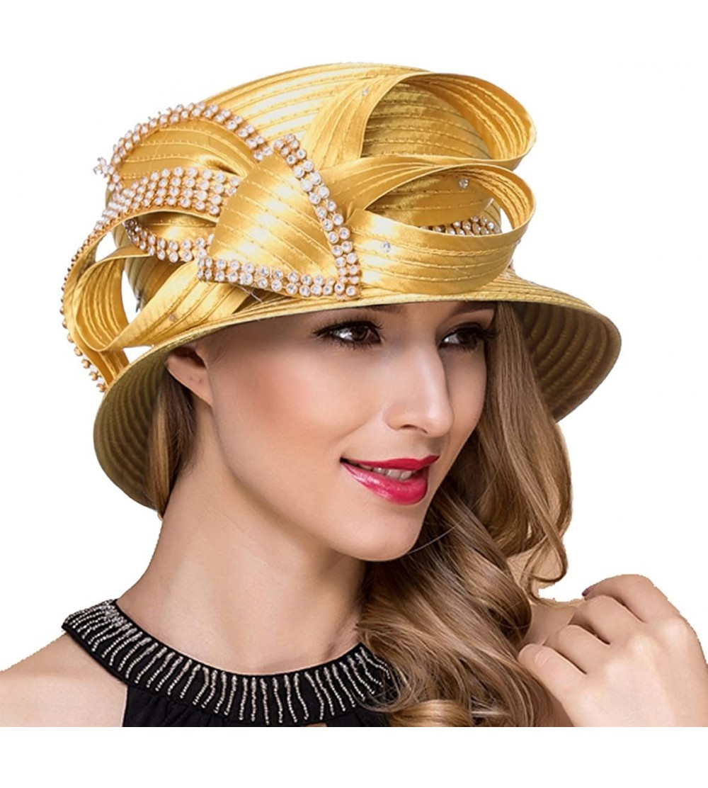 Bucket Hats Women Kentucky Derby Church Dress Cloche Hat Fascinator Floral Tea Party Wedding Bucket Hat S052 - Sd707-gold - C...