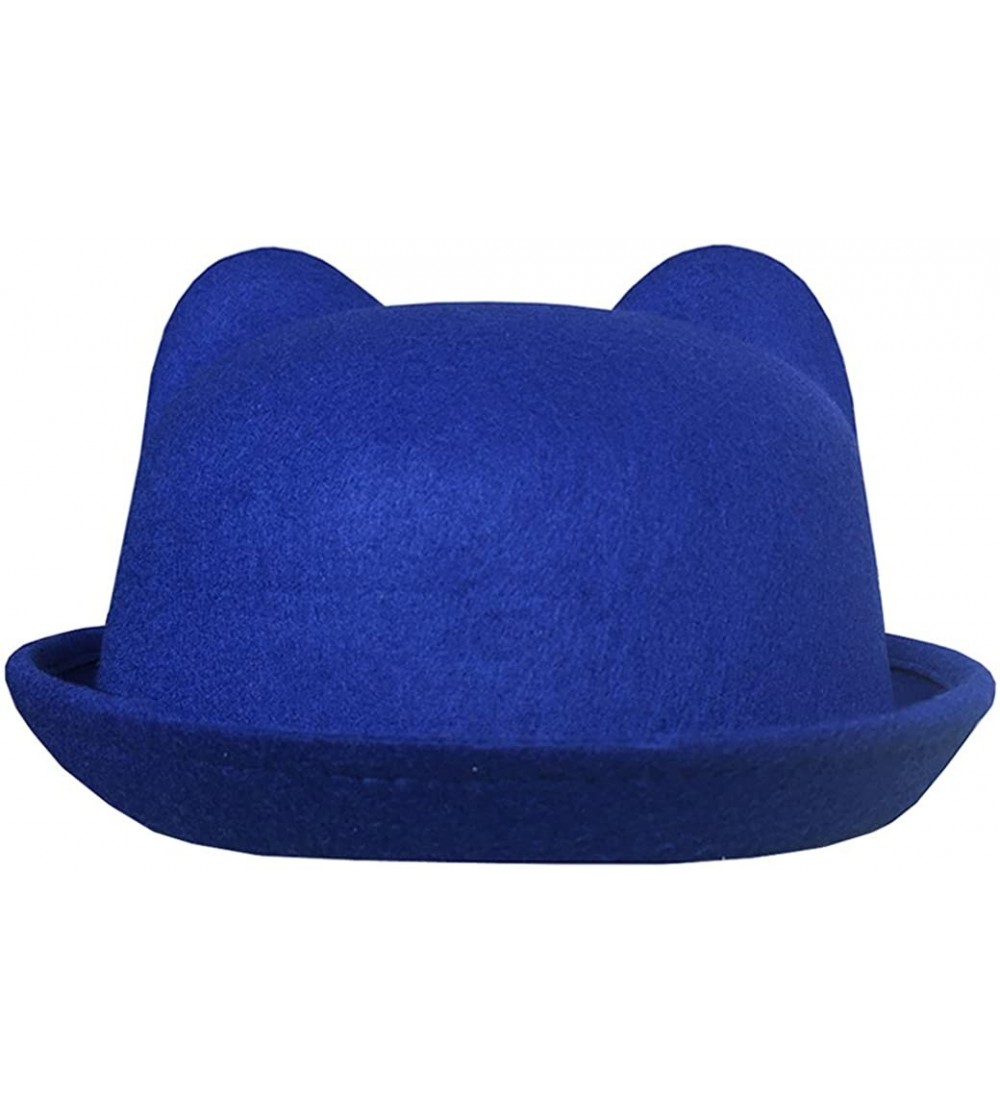 Fedoras Cat Ear Wool Bowler Hats - Cute Derby Fedora Caps with Roll-up Brim for Youth Petite - Blue - C812N4QYMDT $14.40