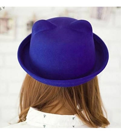 Fedoras Cat Ear Wool Bowler Hats - Cute Derby Fedora Caps with Roll-up Brim for Youth Petite - Blue - C812N4QYMDT $14.40