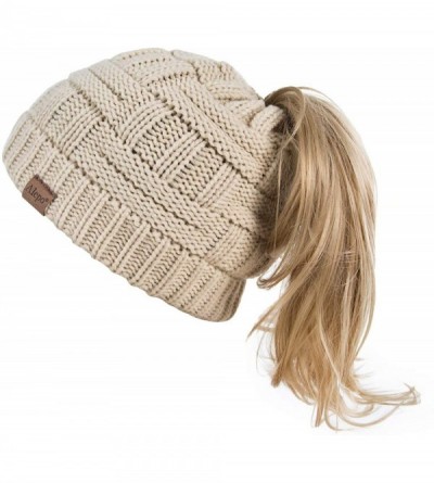 Skullies & Beanies Womens High Messy Bun Beanie Hat with Ponytail Hole- Winter Warm Trendy Knit Ski Skull Cap - Beige - C0192...