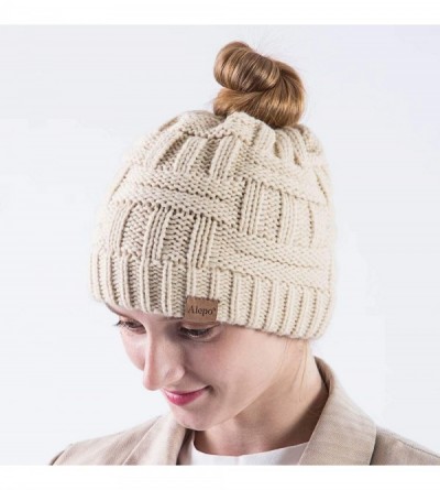 Skullies & Beanies Womens High Messy Bun Beanie Hat with Ponytail Hole- Winter Warm Trendy Knit Ski Skull Cap - Beige - C0192...