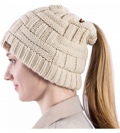 Skullies & Beanies Womens High Messy Bun Beanie Hat with Ponytail Hole- Winter Warm Trendy Knit Ski Skull Cap - Beige - C0192...