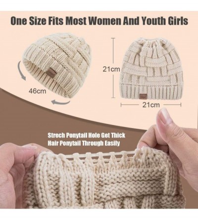 Skullies & Beanies Womens High Messy Bun Beanie Hat with Ponytail Hole- Winter Warm Trendy Knit Ski Skull Cap - Beige - C0192...