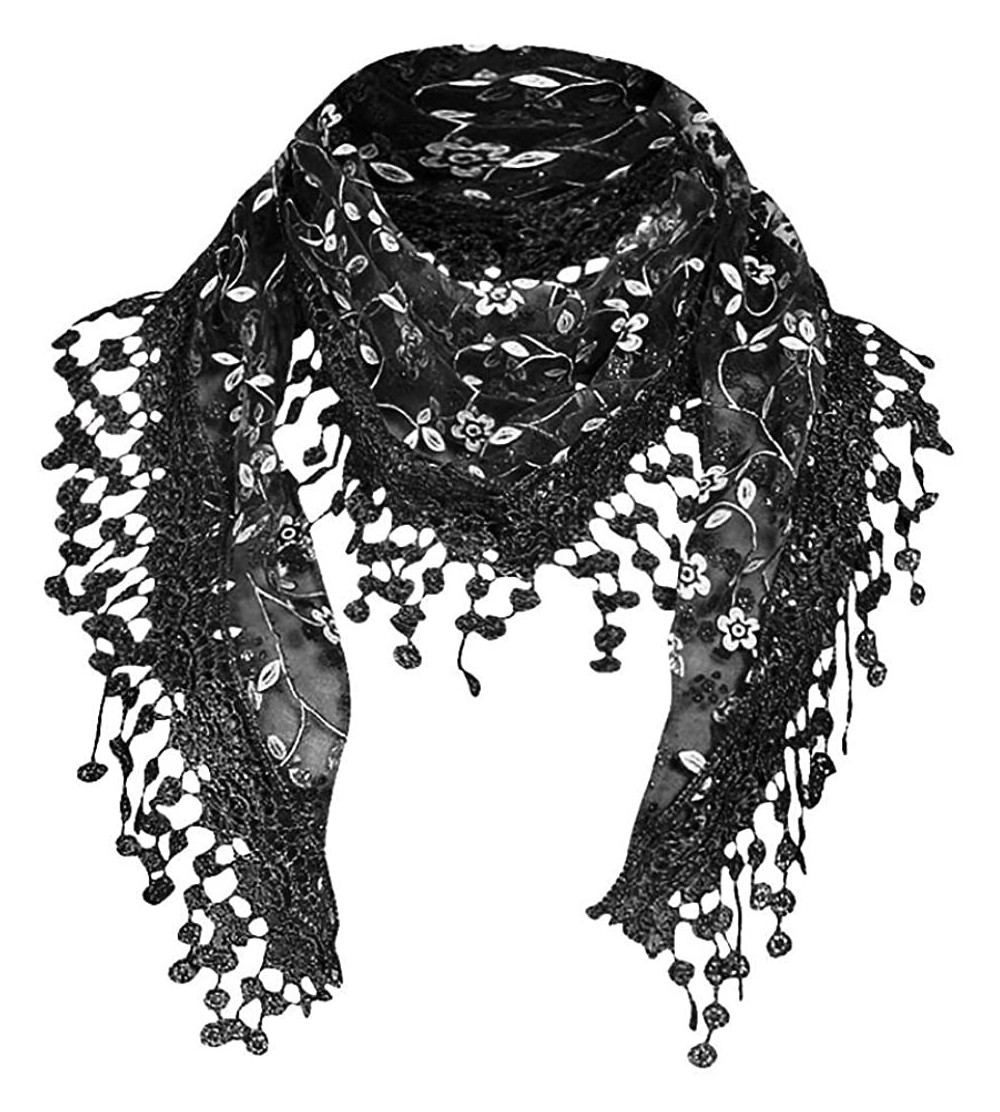 Baseball Caps Women Lace Floral Tassel Sheer Triangle Mantilla Scarf Shawl Neck Wraps - Black - C418GQIOES3 $7.05