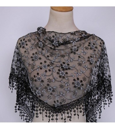 Baseball Caps Women Lace Floral Tassel Sheer Triangle Mantilla Scarf Shawl Neck Wraps - Black - C418GQIOES3 $7.05