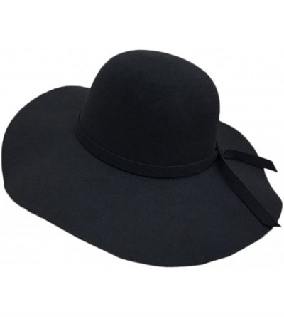 Fedoras Women's Classic Solid Color Wool Blend Wide Brim Floppy Beret Fedora Hat - Black - CB187MQ25YK $39.14