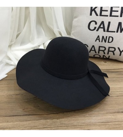 Fedoras Women's Classic Solid Color Wool Blend Wide Brim Floppy Beret Fedora Hat - Black - CB187MQ25YK $19.14