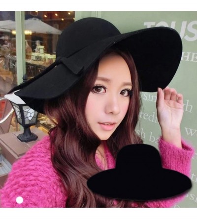 Fedoras Women's Classic Solid Color Wool Blend Wide Brim Floppy Beret Fedora Hat - Black - CB187MQ25YK $19.14