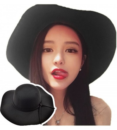 Fedoras Women's Classic Solid Color Wool Blend Wide Brim Floppy Beret Fedora Hat - Black - CB187MQ25YK $19.14