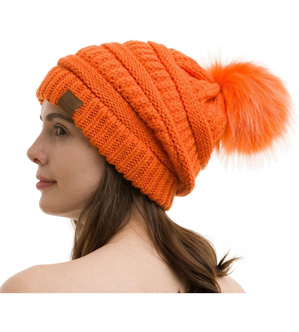 Skullies & Beanies Womens Fleece Lined Slouchy Beanie Chunky Baggy Hat Fur Pompom Winter Soft Warm Cap - Orange - CY18LAN4CIA...