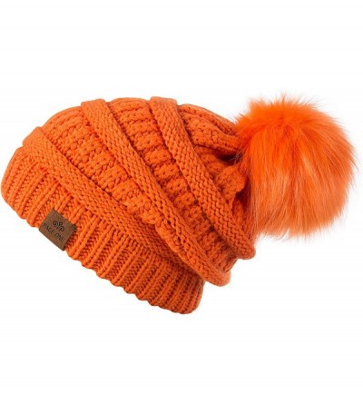 Skullies & Beanies Womens Fleece Lined Slouchy Beanie Chunky Baggy Hat Fur Pompom Winter Soft Warm Cap - Orange - CY18LAN4CIA...
