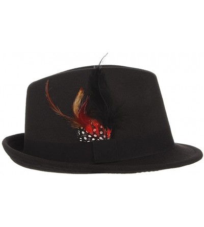 Fedoras Men's Warm Woolen Crushable Feather Gangster Trilby Dent Fedora Hat - Black - CQ187CRAKIK $11.31