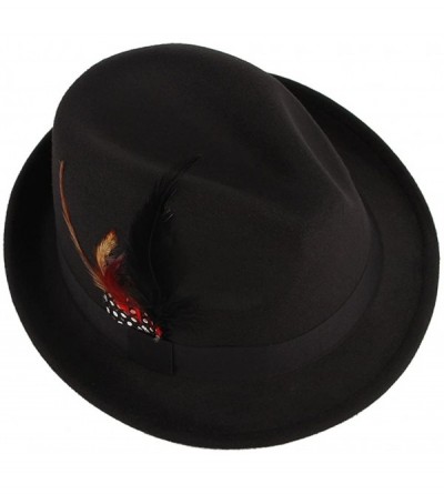 Fedoras Men's Warm Woolen Crushable Feather Gangster Trilby Dent Fedora Hat - Black - CQ187CRAKIK $11.31