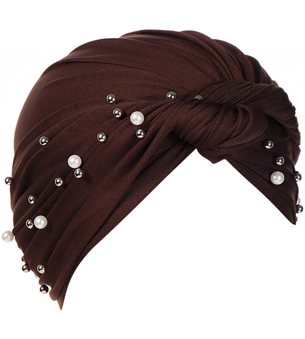 Balaclavas Women Muslim Turban Pearl Hat Bonnet Hijab Headscarf Islamic Chemo Cap - Coffee - CH18RAYEH4S $7.54