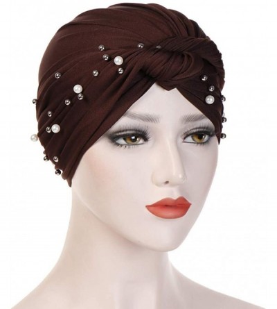 Balaclavas Women Muslim Turban Pearl Hat Bonnet Hijab Headscarf Islamic Chemo Cap - Coffee - CH18RAYEH4S $7.54