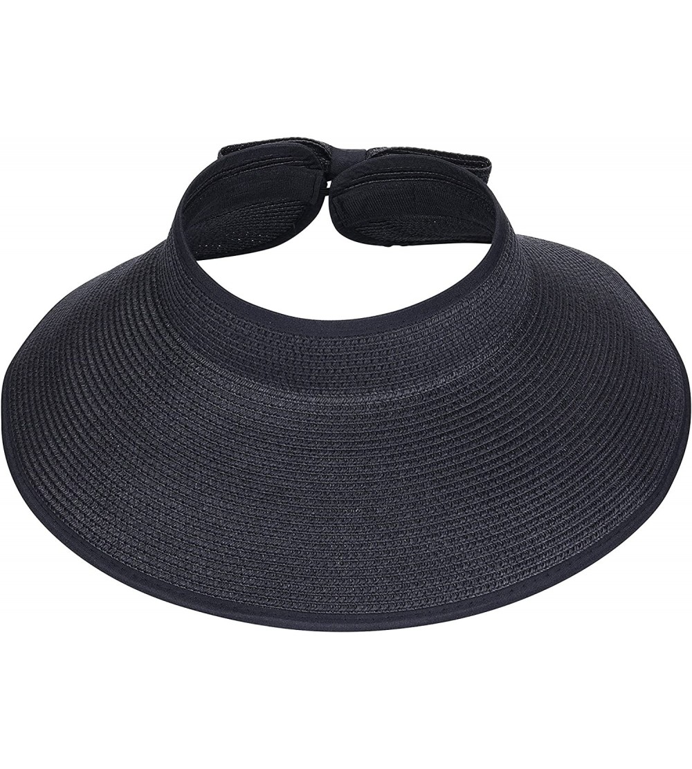 Sun Hats Roll-up Straw Sun Hat- Wide Brim Packable- Foldable- Adjustable Sun Visor Cap - Black - C018HW3HD4D $9.68