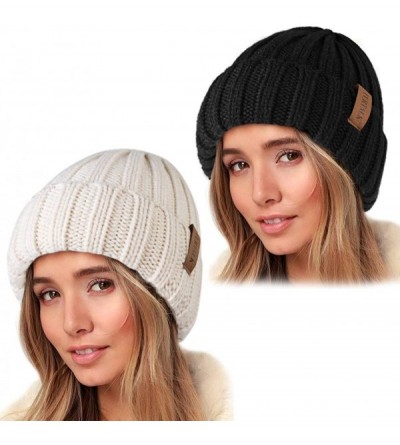 Skullies & Beanies Knit Beanie Hats for Women Men Double Layer Fleece Lined Chunky Winter Hat - Z-black/Beige 2pcs - CP18UYHG...
