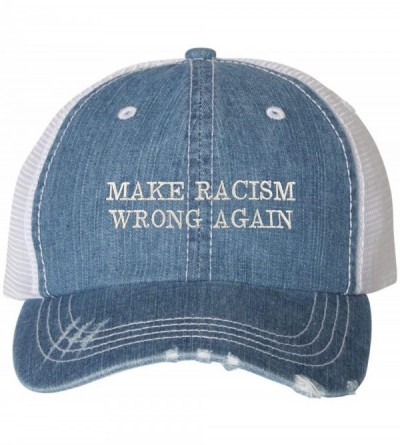 Baseball Caps Adult Make Racism Wrong Again Embroidered Distressed Trucker Cap - Blue Denim/ White - CY18HU8E77L $22.21
