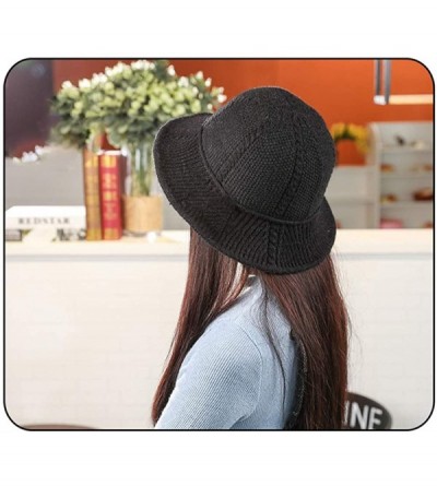 Bucket Hats Winter Knitted Wool Hat Women Bucket Hat Foldable Bow Warm Soft Cloche Cap - Black - CH18IHT2OMT $13.64