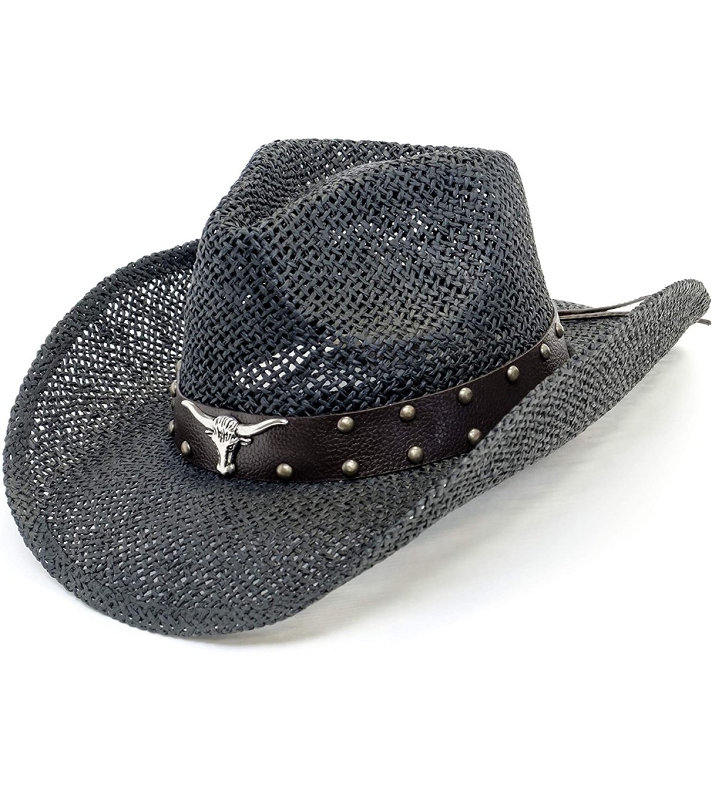 Cowboy Hats Old Stone Straw Cowboy Cowgirl Hat for Men Women Wide Brim Sun Hat Western Style - Longhorn Black - CI18U3U6A5O $...