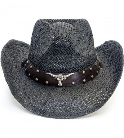 Cowboy Hats Old Stone Straw Cowboy Cowgirl Hat for Men Women Wide Brim Sun Hat Western Style - Longhorn Black - CI18U3U6A5O $...