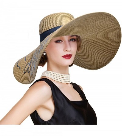 Sun Hats Womens Wide Brim Straw Embroidery Sun Hat Do Not Disturb Beach A429 - Khaki - C217YUH3289 $26.51