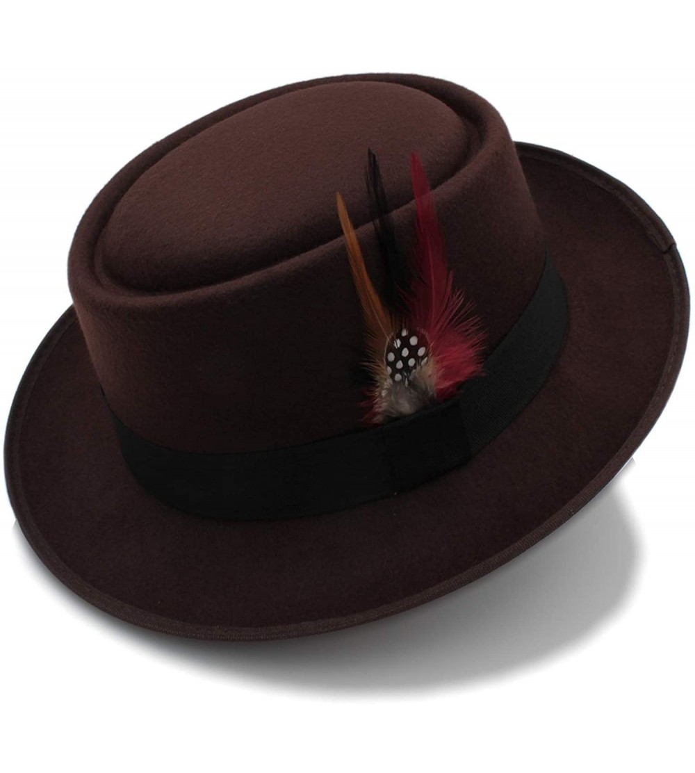 Fedoras Fashion Men Pork Pie Hat Wool Flat Fedora Hat Gentleman Panama Trilby Hat with Fashion Feather - Coffee - CC18NOMHZO0...